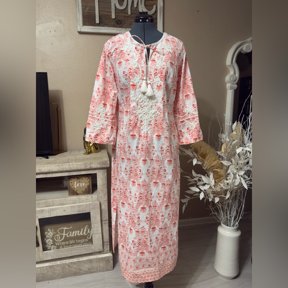 Roller Rabbit Floral Long Sleeve Dress in Coral and White